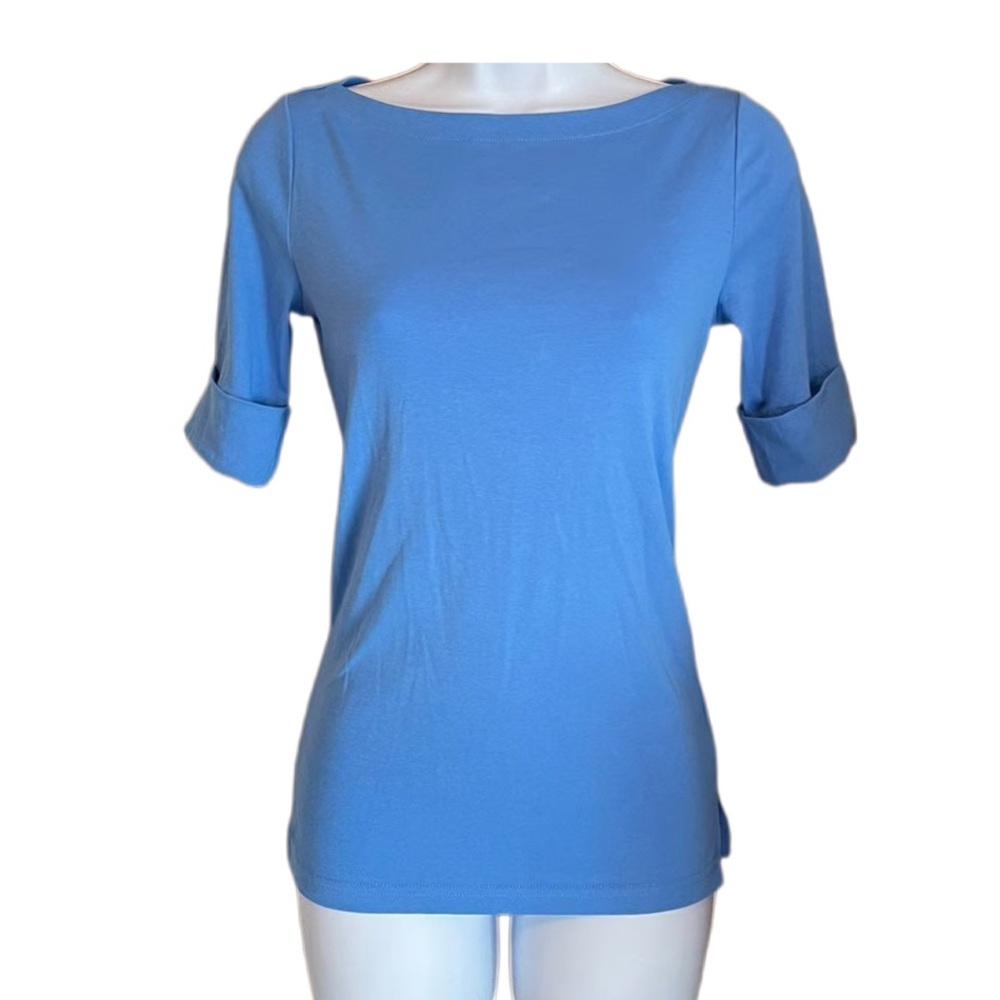 Ralph Lauren Stretch Cotton Boat Neck Elbow Sleeve Tee Top